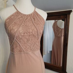 Blush Lace Halter Formal Gown Art Deco Bodice Side Slit Formal Cruise Night Sz 4